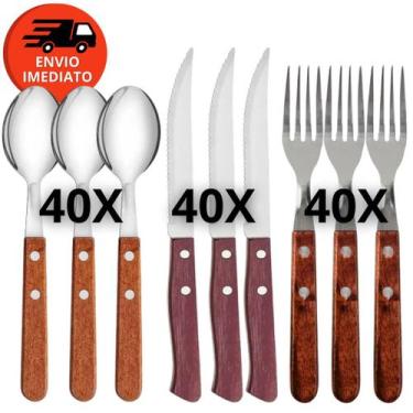 Imagem de Jogo Garfo Refeição Faca Mesa Colher Sopa Talher Inox Cabo Madeira Res