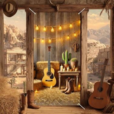 Imagem de BlissYard Capa de porta de cowboy ocidental 188 x 89 cm decoração de festa de música country com botas de cowboy de guitarra decoração de fardos de feno decorações rústicas do oeste selvagem