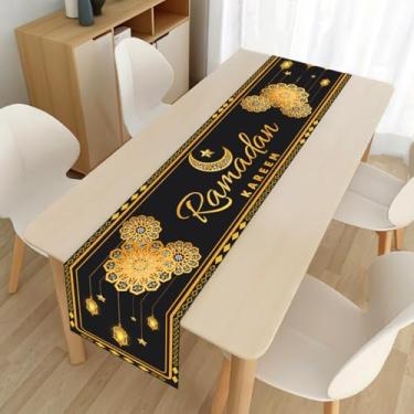 Imagem de Caminho de mesa Ramadan Mubarak, decorações de mesquita preta dourada do Ramadã, flor e estrela da lua e lanterna caminho de mesa de jantar para cozinha de férias islâmicas para Eid Mubarak Home Party