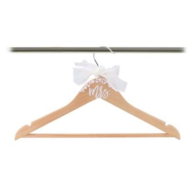 Imagem de Cabide de madeira Mrs. Bride para vestido de casamento, elegante cabide de noiva com laço de fita e pérolas para presente, festa de banho, terno, lembrança, 38 cm (bege)