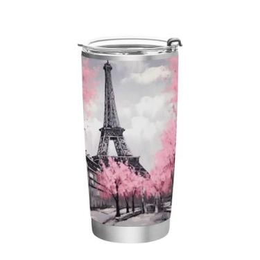 Imagem de Wassud Torre Eiffel na primavera, copo de 590 ml com tampa e canudo, copo isolado a vácuo de parede dupla de aço inoxidável, caneca de café de viagem para bebidas frias e quentes