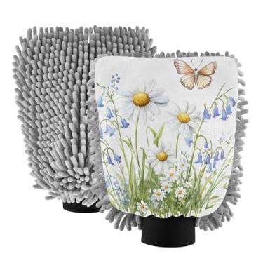 Imagem de STAYTOP Lindas luvas de lavagem de carro com flores silvestres e borboletas da primavera, 2 peças, luvas de microfibra de chenille, sem arranhões, panos de esponja de lavagem ultra absorventes para