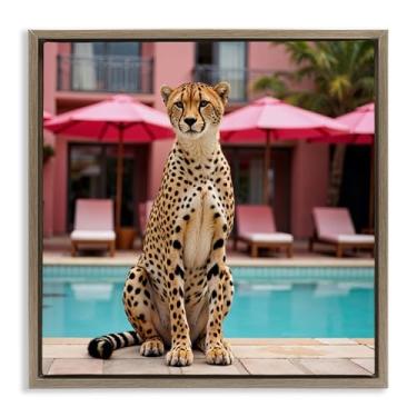 Imagem de Stupell Industries Guepardo posado à beira da piscina tela flutuante emoldurada cinza arte de parede, design por Lettered and Lined, 18 x 18