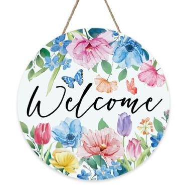Imagem de Bolisom Placa de boas-vindas para porta da frente floral primavera verão, flor aquarela, borboleta, placa de madeira, para uso externo, varanda, decoração de casa, guirlanda de madeira para casa de