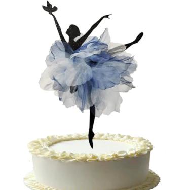 Imagem de Vestido de tule azul fada bailarina topo de bolo - Dançarina de glitter com borboleta na mão decoração de bolo para meninas, aniversário, festa temática de aniversário e balé. (azul)
