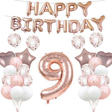 Imagem de Balão de aniversário de 9 anos decorações de aniversário ouro rosa 9 balões feliz 9 anos suprimentos de festa número 9 balões de alumínio Mylar presentes de balão de látex para meninas, meninos, mulheres, homens