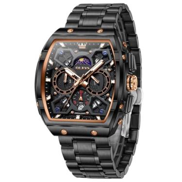 Imagem de OLEVS Relógios masculinos analógicos, quartzo, luxuoso, diamante, à prova d'água, cronógrafo, aço inoxidável, mostrador grande, quadrado, data, fase da lua, numerais romanos, relógio social masculino