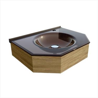 Imagem de Lavabo Veneza com Cuba de Vidro Moldada, Cristal Bronze, 555mm, MDF Ultra Resistente, Perfil de Alumínio, Válvula Cromada Exclusiva - Cris Metal