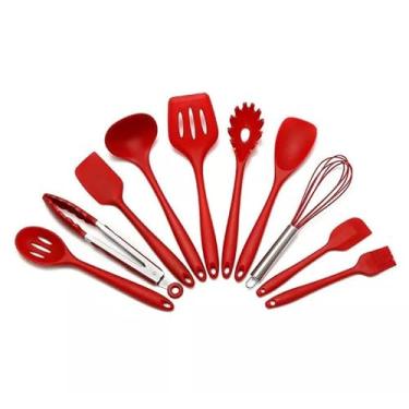 Imagem de Jogo 10 Colheres de Silicone com Cabo de Inox – Utensílios de Cozinha Resistente e Antiaderrapante para Cozinhar com Facilidade (vermelho)
