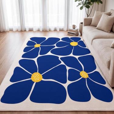 Imagem de Boao Tapetes florais modernos para sala de estar, 1,2 x 1,8 m, lavável, macio, antiderrapante, para sala de estar, quarto, escritório, decoração de casa (azul marinho)