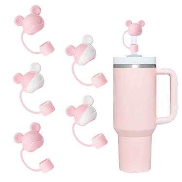 Imagem de SEEZIZI 5 peças de tampas de palha de urso compatíveis com copos Stanley de 30 e 1,134 g, protetores de palha de silicone fofos reutilizáveis para canudos StanleyCups de 10 mm - rosa e branco rosa