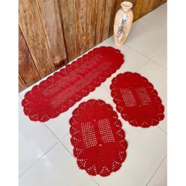 Imagem de Kit Tapete e Passadeira Cozinha Oval 3 Peças Leque Colorido Crochê Artesanal (Vermelho)