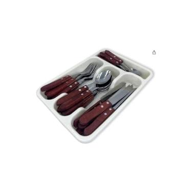 Imagem de Jogo de Talheres com Porta Talher, 25 Peças, Cabo de Madeira, Inox, Inclui Facas, Garfos e Colheres