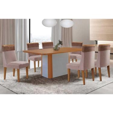 Imagem de Sala Jantar Mesa Pietá Tampo Curvo 180cm+6 Cadeiras Jaspe Madeira Naturale/Off White - Capuccino/Linho Capuccino - Rufato