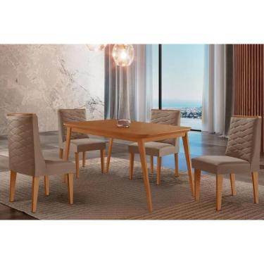 Imagem de Sala Jantar Mesa Havana Tampo Curvo 120cm+4 Cadeiras Dafne Madeira Naturale - Capuccino/Suede Capuccino - Rufato