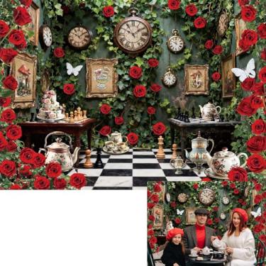 Imagem de Pano de fundo do País das Maravilhas Tea Party Photo Background Folhas Verdes Tabuleiro de Xadrez Meninas Crianças Decorações de Festa de Aniversário Banner Adereços (208,3 x 149,9 cm)
