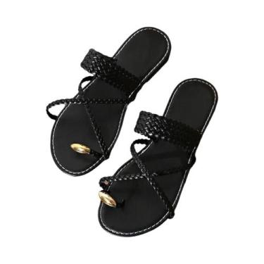 Imagem de Sandálias De Salto Baixo Com Clip Dourado plus Size Para Mulheres Verã