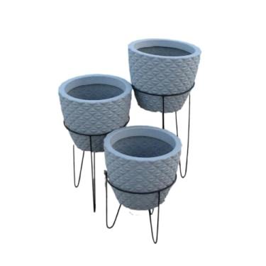 Imagem de Jogo 3 Suporte Tripé Ferro Vasos Polietileno Resistente Com Pratos Decorativo para Jardim e Piscina Ideal para Amantes de Plantas(Cinza)