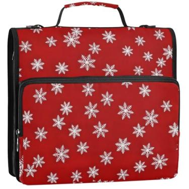 Imagem de Pasta organizadora com zíper, flocos de neve, vermelho escuro, 3 anéis, 3 anéis, fichário de documentos com alça de ombro para armazenamento escolar, estojo com alça, 34,5 x 31,5 x 9 cm