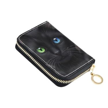 Imagem de Porta-cartão de crédito, carteira feminina com bloqueio de RFID, zíper ao redor do zíper, porta-chaves, preto, gato, verde, olhos azuis