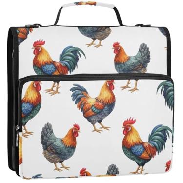 Imagem de Aquarela galos galinhas brancas 3 anéis organizador de fichário com zíper resistente bolsa de fichário para ensino médio com alça de armazenamento estojo portfólio com alça, 34,5 x 31,5 x 9 cm