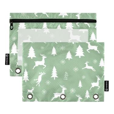 Imagem de Pasta de lápis verde rena branca com 3 anéis, bolsa de lápis, fichário com zíper, bolsas para estudantes, escola, fichários, bolsos, fofos, 25 x 18 cm, 2 pacotes