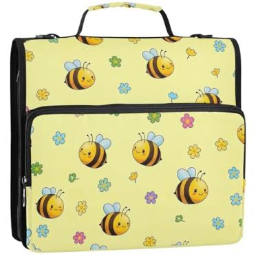Imagem de Organizador de fichários de 3 anéis de 3,8 cm com zíper amarelo de abelhas fofas bolsa de fichário para ensino médio com alça de tecido portfólio e estojo para pasta de anéis, 34,5 x 31,5 x 9 cm
