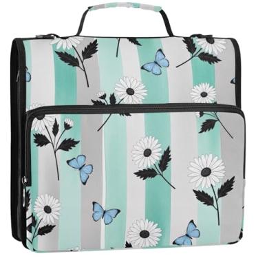 Imagem de Margaridas brancas listradas borboleta 3 fichários anel D 1,5 polegadas D organizador de fichário bolsa escolar com alça de ombro carteira de armazenamento estojo com alça, 34,5 x 31,5 x 9 cm