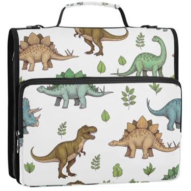 Imagem de Dinossauros Organizador de fichário branco com zíper com 3 anéis de 3,8 cm D bolsa escolar com alça de ombro para portfólio comporta 500 folhas, 34,5 x 31,5 x 8,9 cm