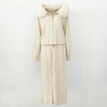 Imagem de Jaqueta Feminina Com Capuz E Gola De Pele De Raposa Removível, Conjunt