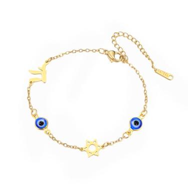 Imagem de UNIFT Pulseira de olho turco com Chai Hebraico Life & Estrela de Davi para mulheres e homens, aço inoxidável, bênção judaica, guarda energia ruim, amuleto de proteção da vida da sorte, joias presentes