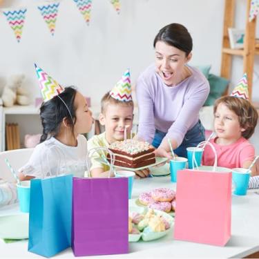 Imagem de Pacote com 12 sacos de presente com alças, 16,3 x 8,1 x 8,5 polegadas, saco de presente de papel para decoração de festa de chá de bebê, casamento, aniversário, sereia, azul claro, roxo claro, rosa