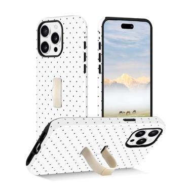 Imagem de Yebowe Capa de telefone de bolinhas compatível com iPhone 16 Pro Max, com alça de dedo para mão, suporte, à prova de choque, capa protetora de TPU macio para mulheres e meninas, branca