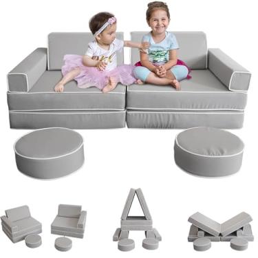 Imagem de Jadoxy Sofá modular para crianças, sofá secional para sofá, quarto e sala de jogos, espuma conversível para crianças, almofada de chão para meninos e meninas imaginativos (cinza)