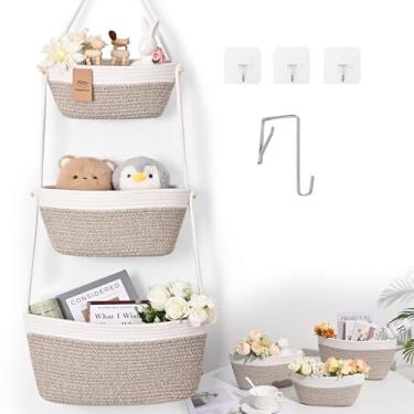 Imagem de Degeyoyo Cestas de armazenamento penduradas, cesta sobre a porta, armazenamento de cestas de parede de algodão, cesta de porta suspensa com 4 ganchos