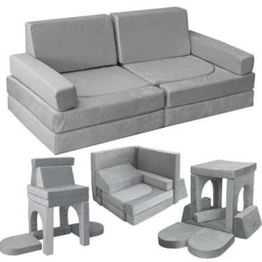 Imagem de Jadoxy Sofá modular infantil de brincar, 10 peças, sofá de espuma multifuncional para sala de jogos, almofada de chão conversível imaginativa para meninos e meninas (cinza claro)