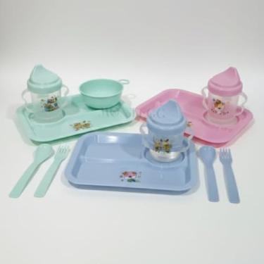 Imagem de Kit Alimentação Infantil 5 Peças Prato Tigela Copo Talheres Prato Divisória Kit Refeição Bebe (Azul)