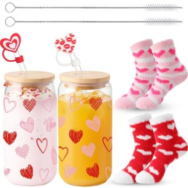 Imagem de Sliner 2 conjuntos de presentes de dia dos namorados 473 ml copos de vidro coração galentinos com meias de lã coral, copos de dia dos namorados com tampa canudo e topo de palha de coração para