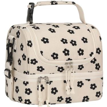 Imagem de Vankor Lancheira infantil, lancheira térmica de veludo cotelê de dois andares para meninas e meninos, alça ajustável à prova de vazamento grande lancheira para viagens escolares, veludo cotelê preto