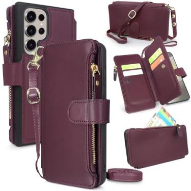 Imagem de Lacass Capa tipo carteira transversal para Galaxy S24 Ultra, [proteção contra roubo de cartões] Suporte para cartão com zíper flip capa de couro com alça de pulso para Samsung Galaxy S24 Ultra(vinho