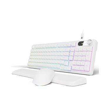 Imagem de EWEADN C98 Combo de teclado e mouse com fio, teclados de computador com fio com palma de pulso, teclas de disparo duplo, teclado com luz de fundo RGB silencioso para Windows/MAC/PC (branco)