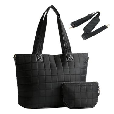 Imagem de VNIMTI Bolsa feminina leve e acolchoada com zíper, bolsa de ombro grande acolchoada para trabalho, viagens, academia, Preto