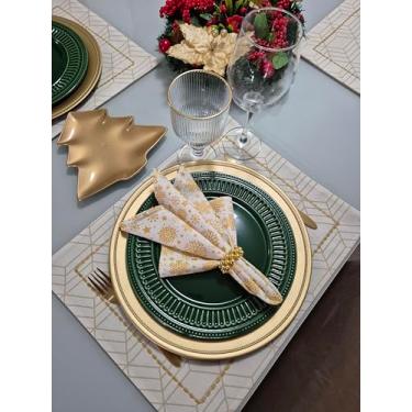 Imagem de Jogo Americano Dupla Face (kit de 4 lugares) Tecido Impermeável Geométrico Dourado + 4 Porta Guardanapos | Mesa Posta