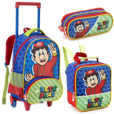 Imagem de Kit Mochila Rodinha Lancheira Térmica Estojo Duplo Infantil Escolar Mario Bros Lets Play Denlex
