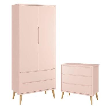 Imagem de Guarda Roupa Infantil 2 Portas E Cômoda Gaveteiro Theo Rosa Com Pés Madeira Natural - Reller