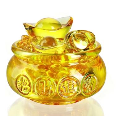 Imagem de Bacia de tesouro dourada de vidro cristal feita à mão de 12 cm, tigela grande com 41 lingotes de ouro, tigela de dinheiro Feng Shui Prosperity para decoração de escritório em casa
