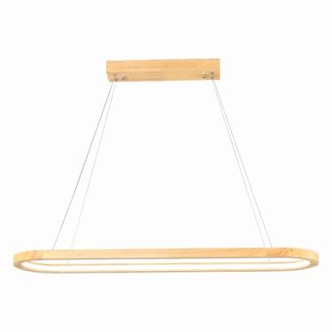 Imagem de Luminária pendente de madeira para cozinha, sala de jantar, com LED dimerizável e controle remoto, ideal para sala de estar, mesa de jantar ou escritório. Design retangular com altura ajustá