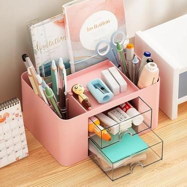 Imagem de Organizador de canetas com 2 gavetas, suporte multifuncional para mesa, organizadores de mesa e acessórios com 5 compartimentos + gaveta para materiais de arte de escritório (rosa)
