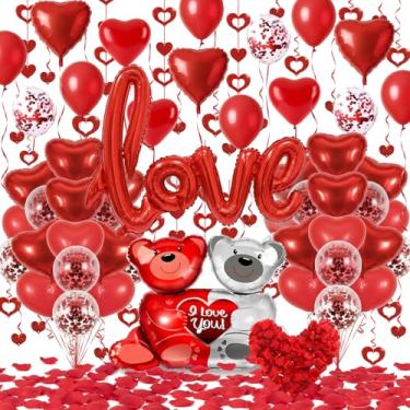 Imagem de Adurself Conjunto de decorações de balão de dia dos namorados – balões de confete de coração de látex vermelho, balão de alumínio de urso de pelúcia, pétalas de rosa e corações pendurados para festa