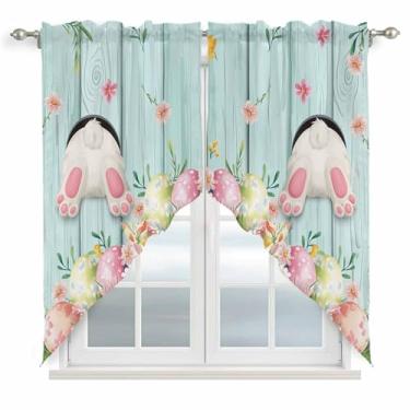 Imagem de Cortinas de cozinha para janelas com estampa de ovos de coelhinho com flor de madeira azul-petróleo flor primavera floral cortina de 2 painéis para cozinha, sala de estar, quarto, decoração de